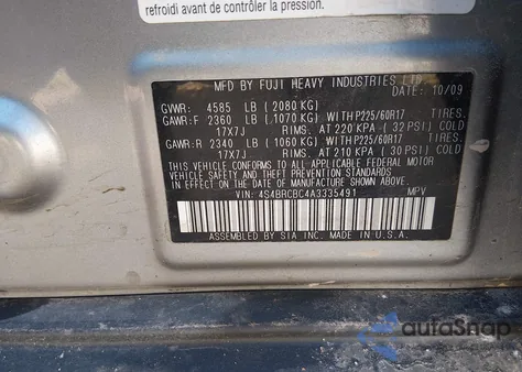 2010 Subaru Outback 2.5I Premium from USA, damaged, VIN 4S4BRCBC4A3335491